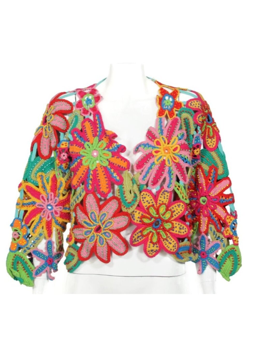Michael Simon Intricate Open Crochet Floral Beaded Sweater Cardigan Cover Up 725